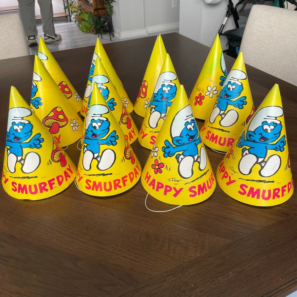 Vintage Happy Smurf Day Party Hat Lot of 12 Child Birthday Peyo CRAFT FLAWED